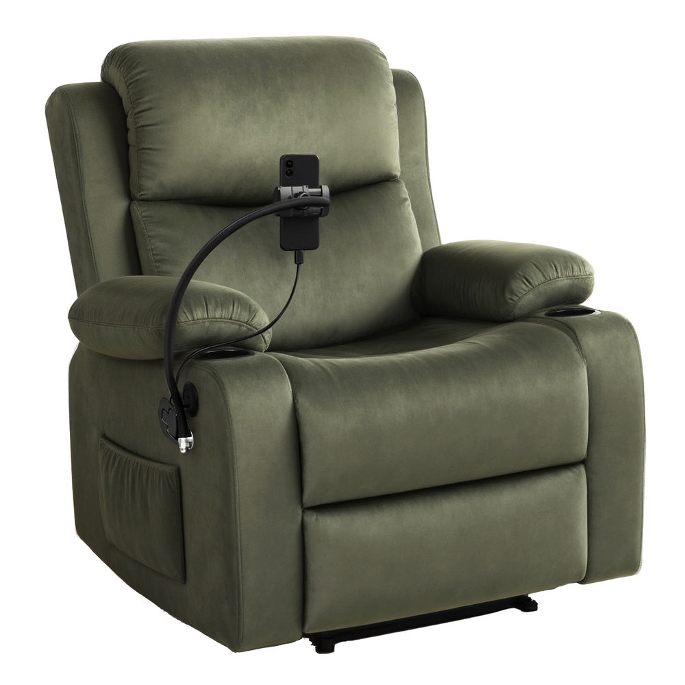 Velvet Recliner Chair | Heated Massage | Phone Holder Included