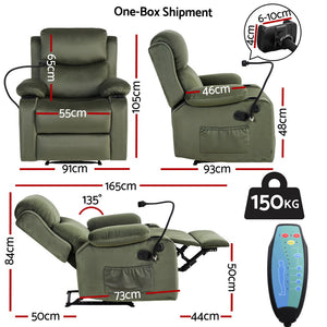Velvet Recliner Chair | Heated Massage | Phone Holder Included