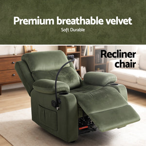 Velvet Recliner Chair | Heated Massage | Phone Holder Included