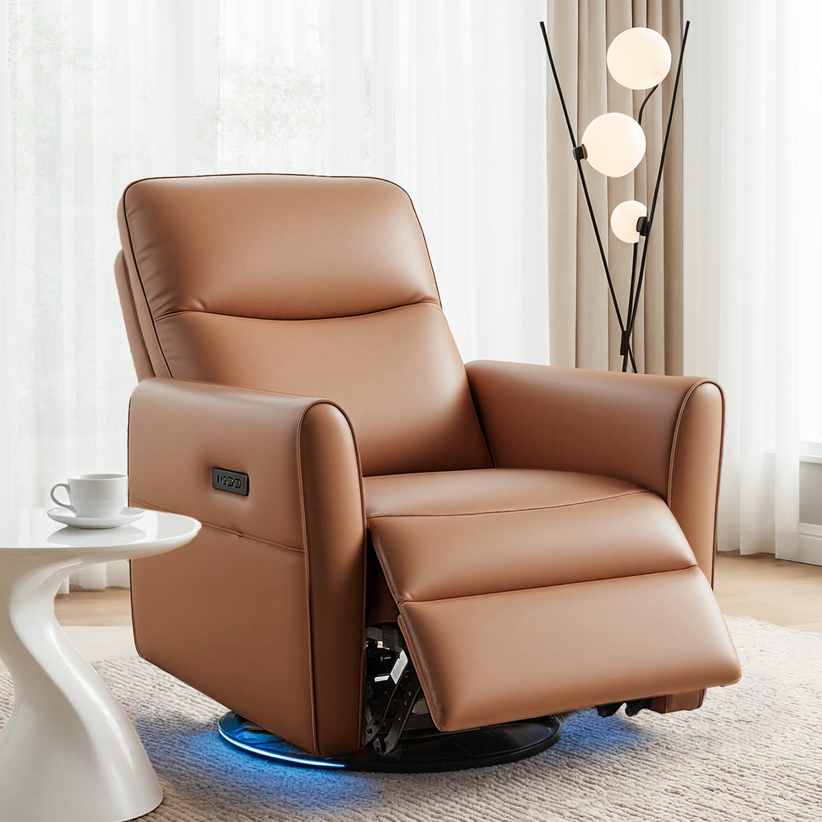 Swivel Recliner Chair | Rocking Leather | LED + Charging Ports | Brown