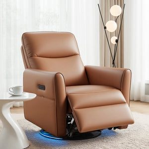 Swivel Recliner Chair | Rocking Leather | LED + Charging Ports | Brown