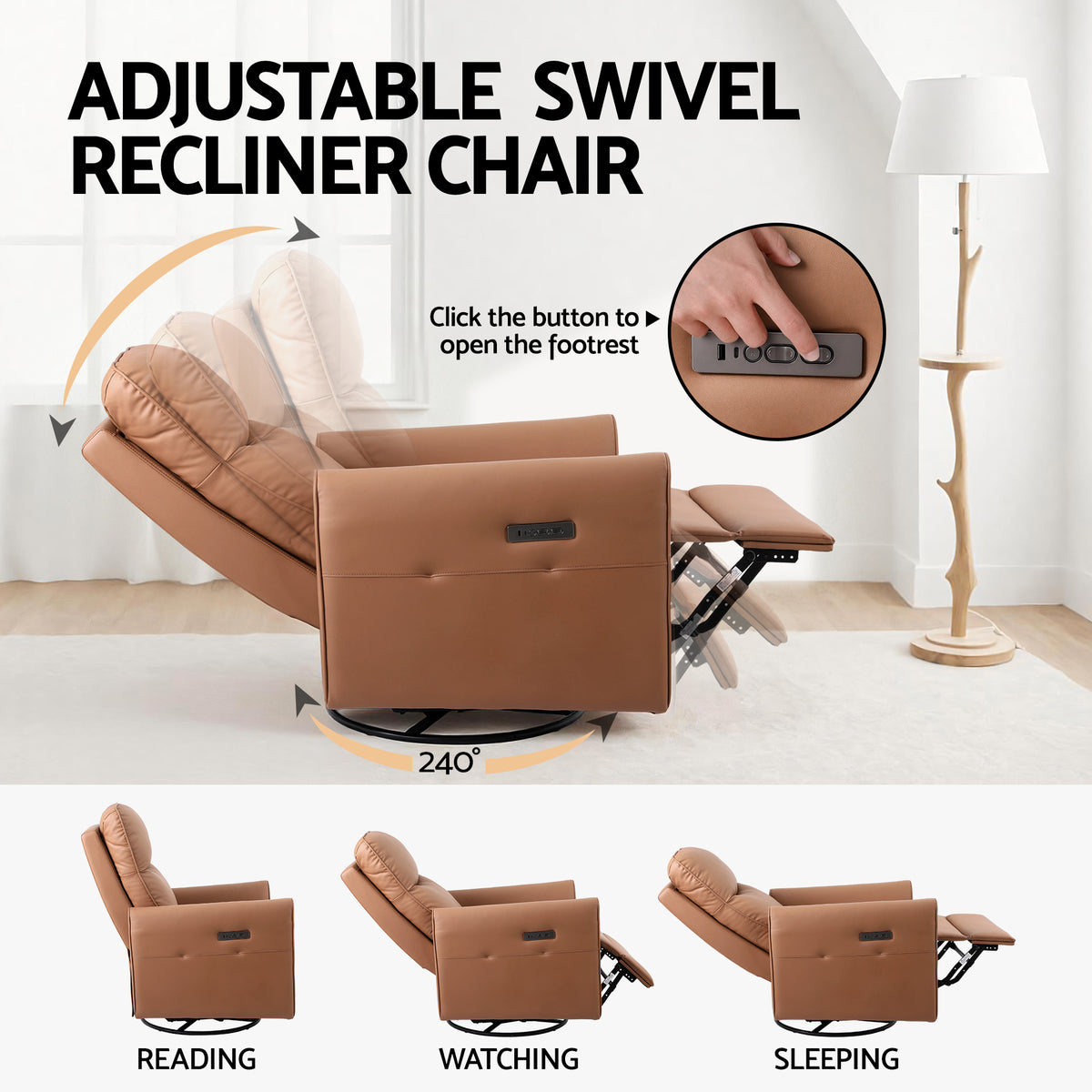 Swivel Recliner Chair | Rocking Leather | LED + Charging Ports | Brown