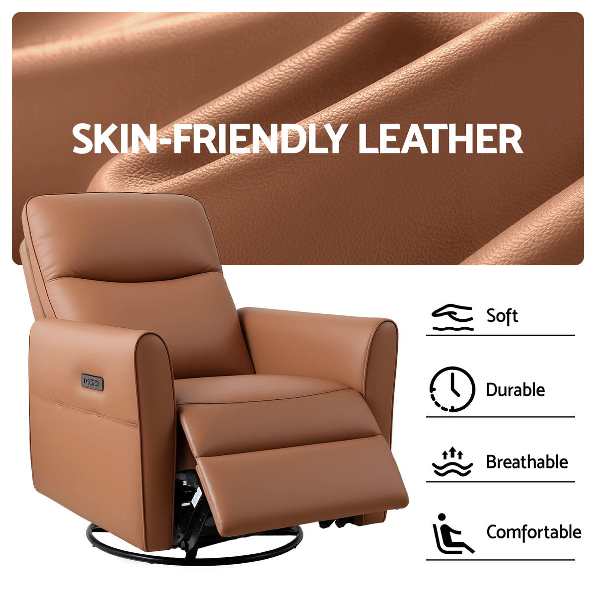 Swivel Recliner Chair | Rocking Leather | LED + Charging Ports | Brown