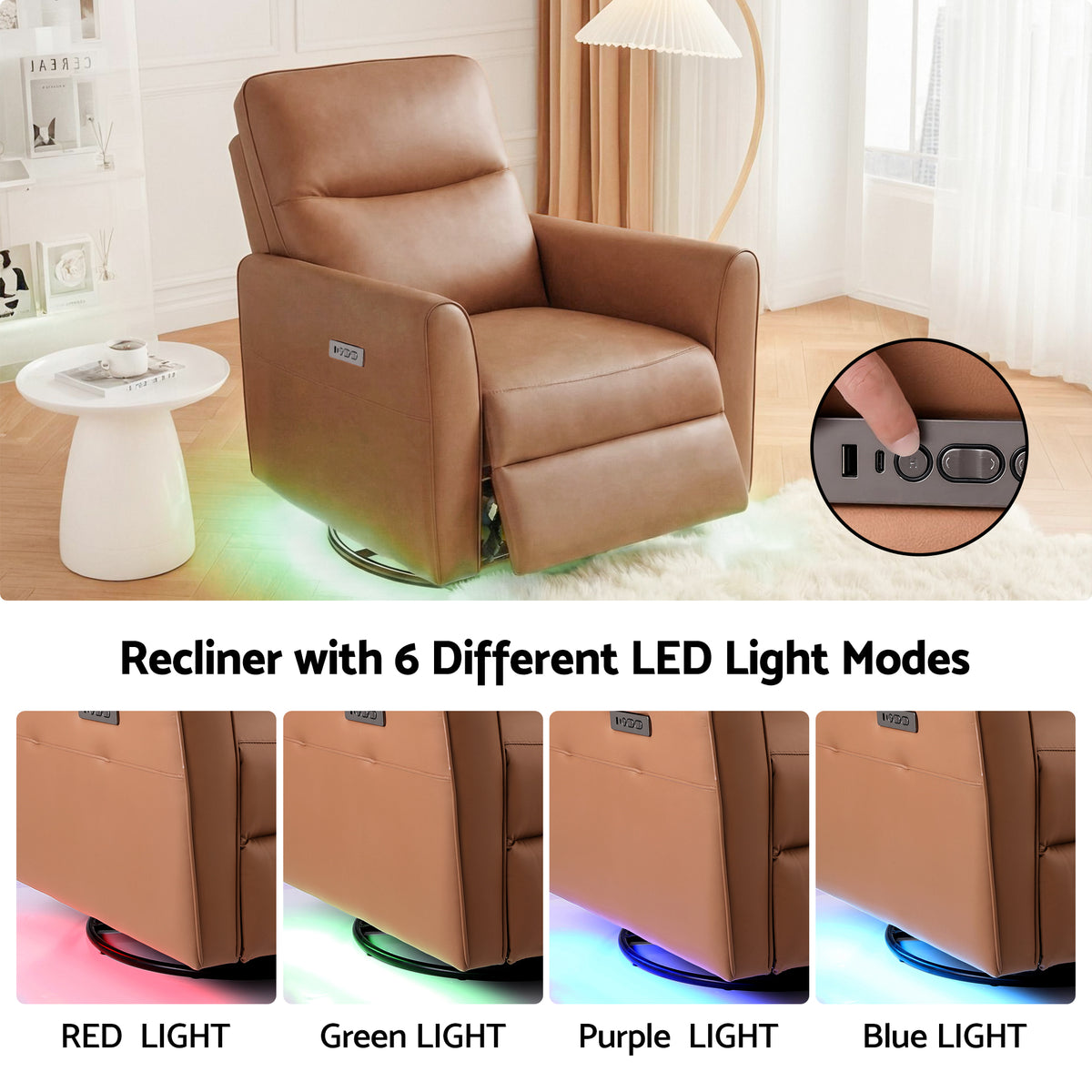 Swivel Recliner Chair | Rocking Leather | LED + Charging Ports | Brown