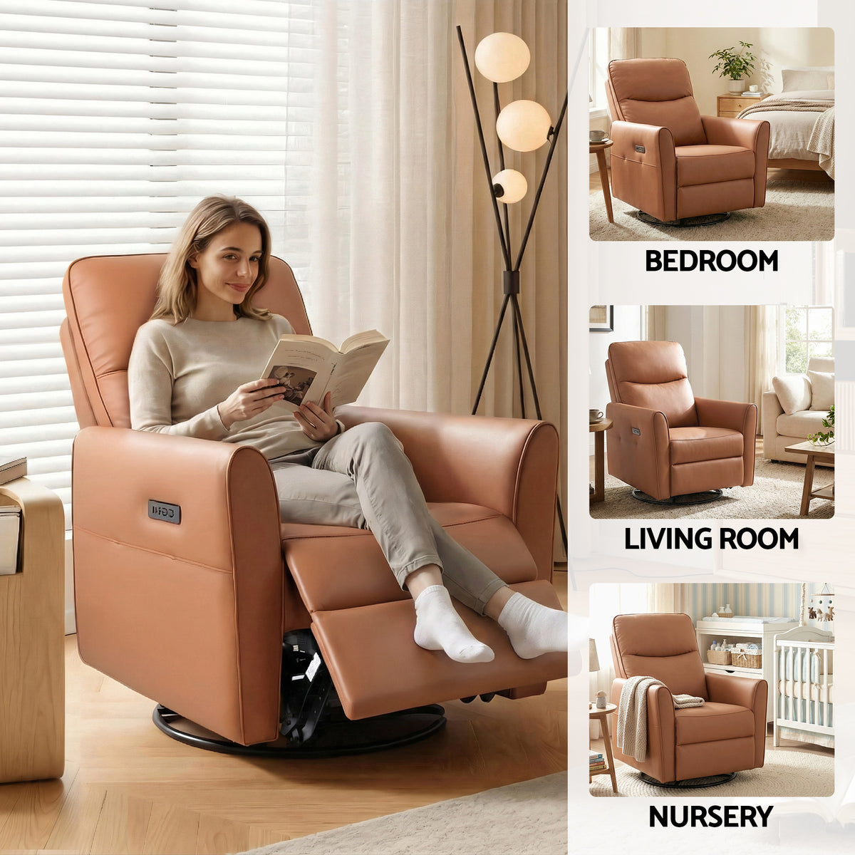 Swivel Recliner Chair | Rocking Leather | LED + Charging Ports | Brown