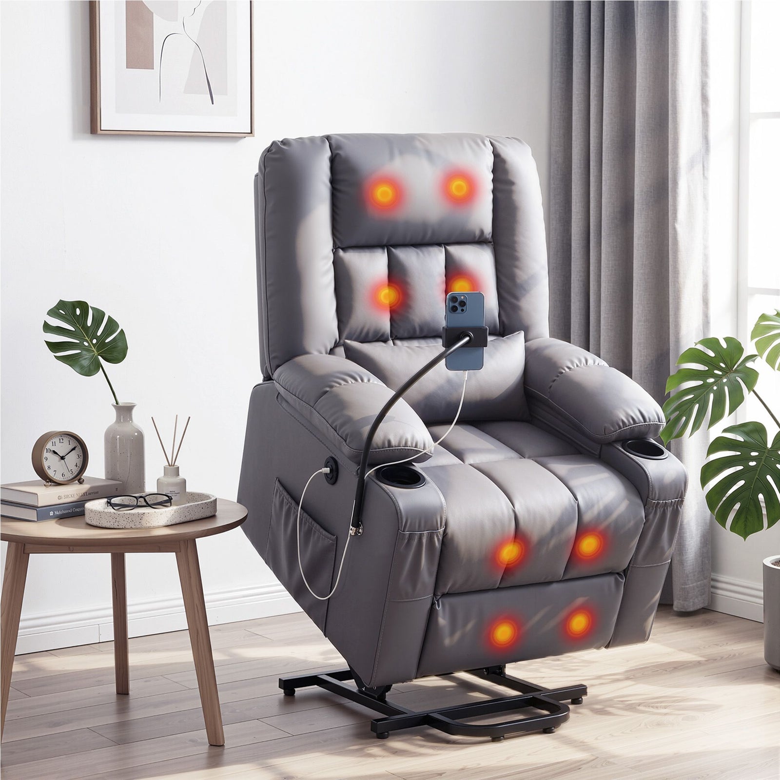 Power Lift Recliner Chair | Massage, Heat, USB & Cup Holders | Grey