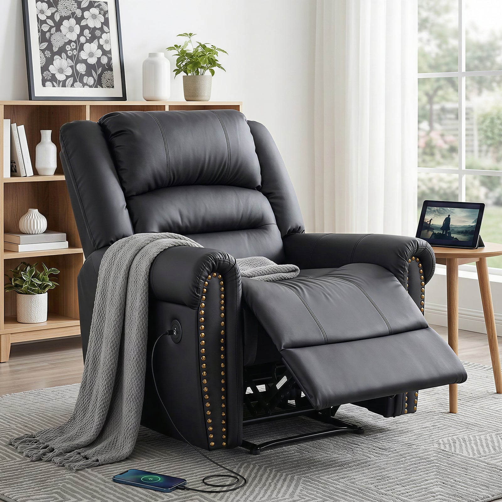 Manual Recliner Chair | Leather Look Lounge with USB Port | Black