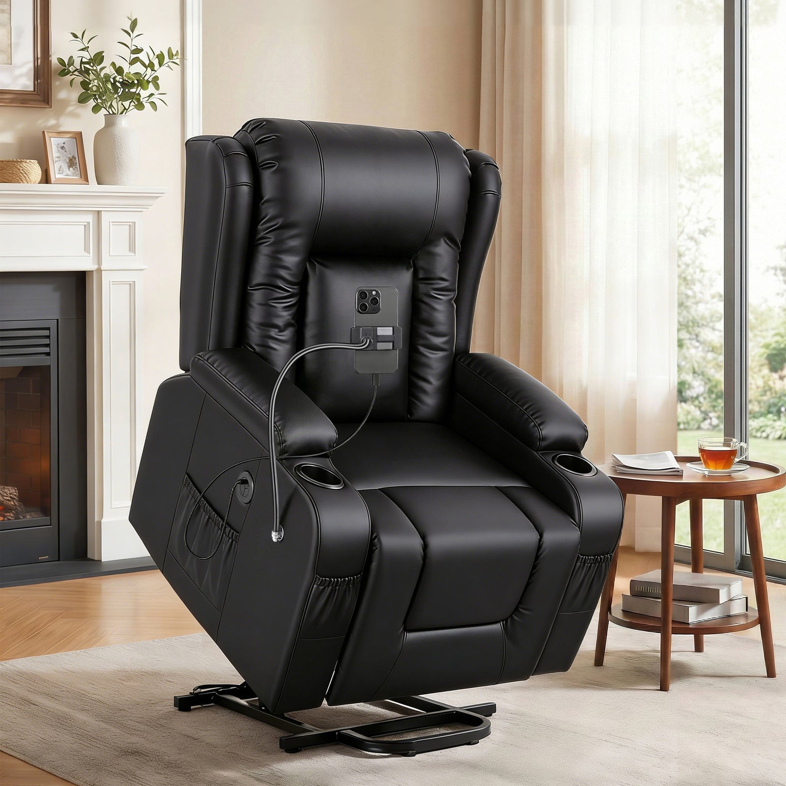 Power Lift Recliner Chair | Massage, Heat, USB & Cup Holders | Black
