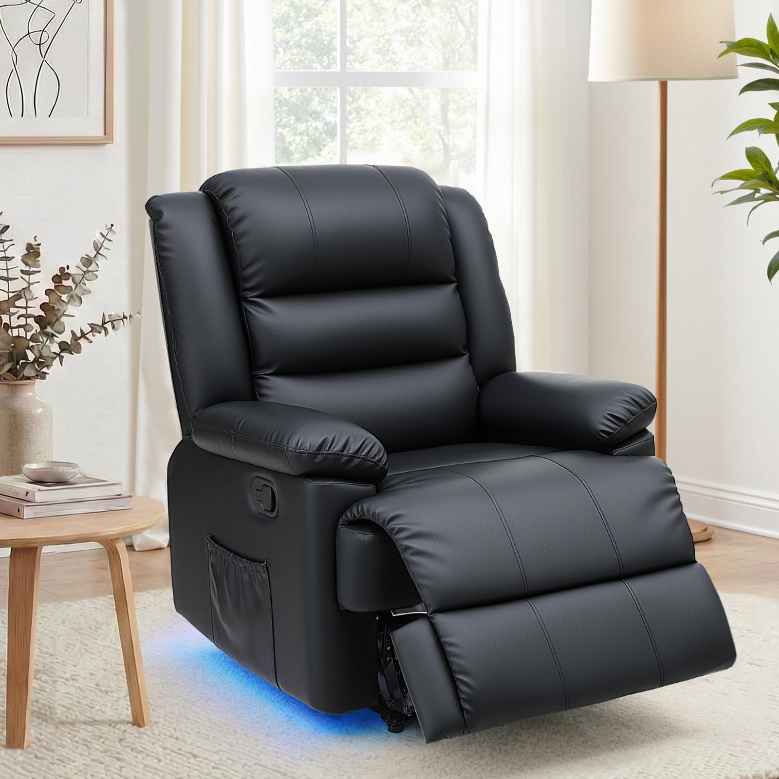 Manual Recliner Chair | Leather Look Sofa with LED Lights | Black
