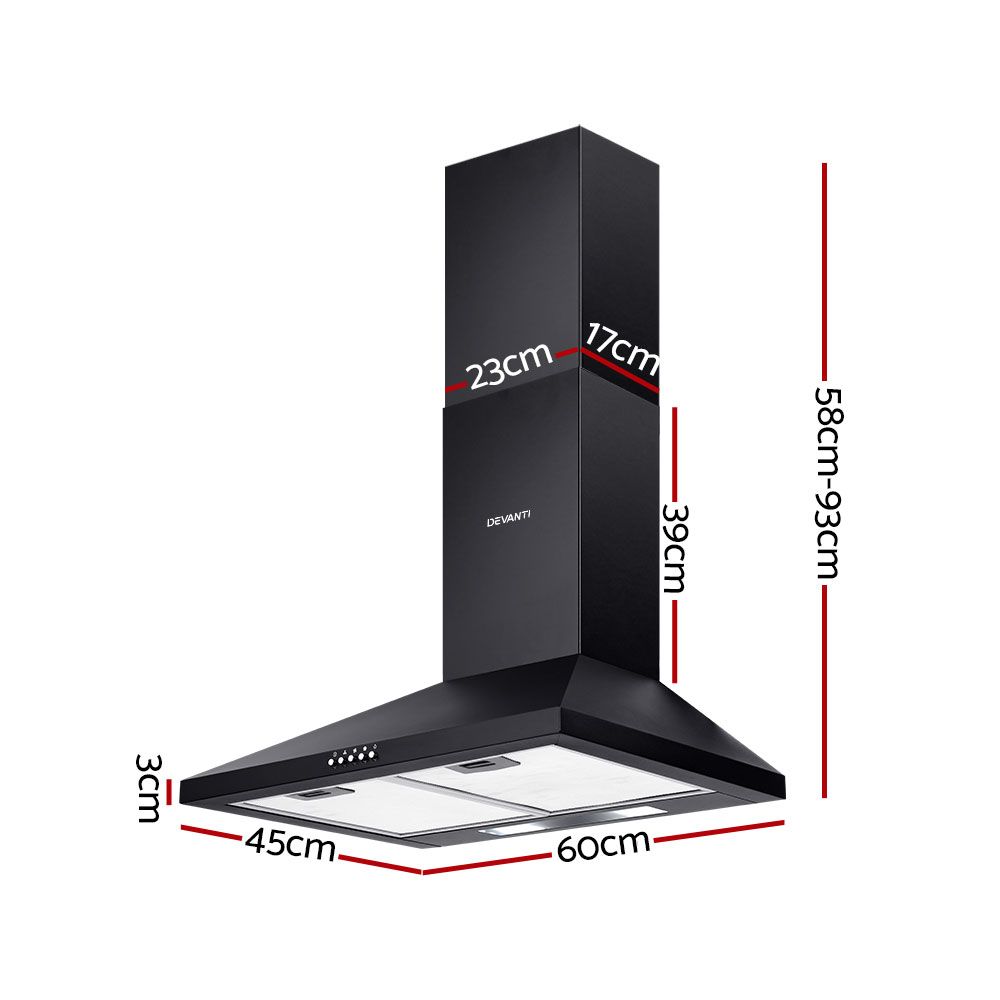 Devanti Pyramid Range Hood Rangehood 600mm 60cm Kitchen Canopy Black