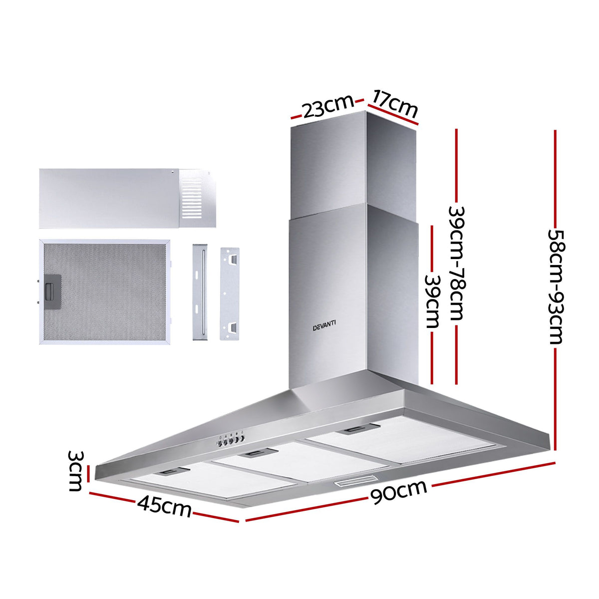 Devanti Range Hood 90cm 900mm Kitchen Canopy Stainless Steel Rangehood Wall Mount