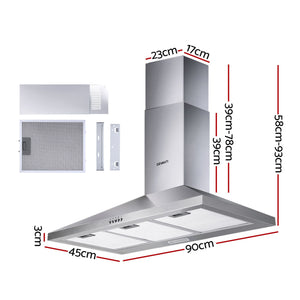 Devanti Range Hood 90cm 900mm Kitchen Canopy Stainless Steel Rangehood Wall Mount
