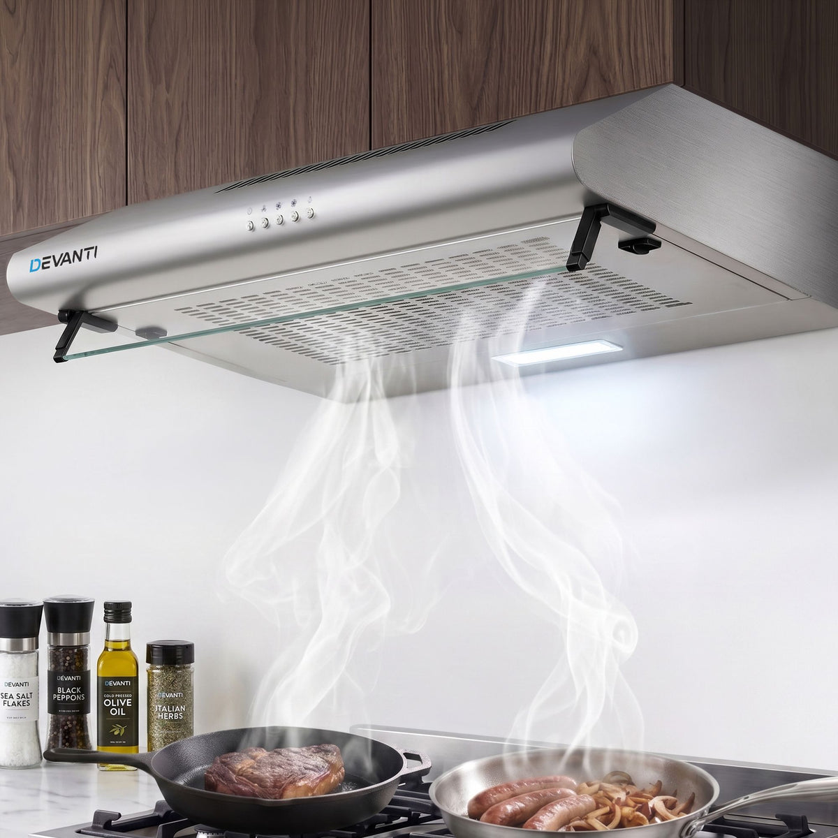 Devanti 600mm Range Hood | 60cm | Rangehood Kitchen Canopy | LED Light | Stainless Steel