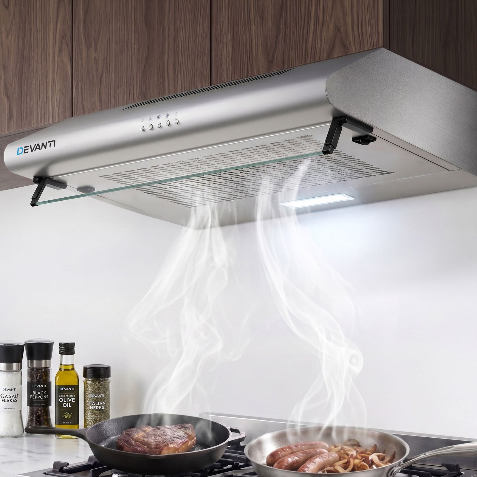 Devanti 600mm Range Hood | 60cm | Rangehood Kitchen Canopy | LED Light | Stainless Steel