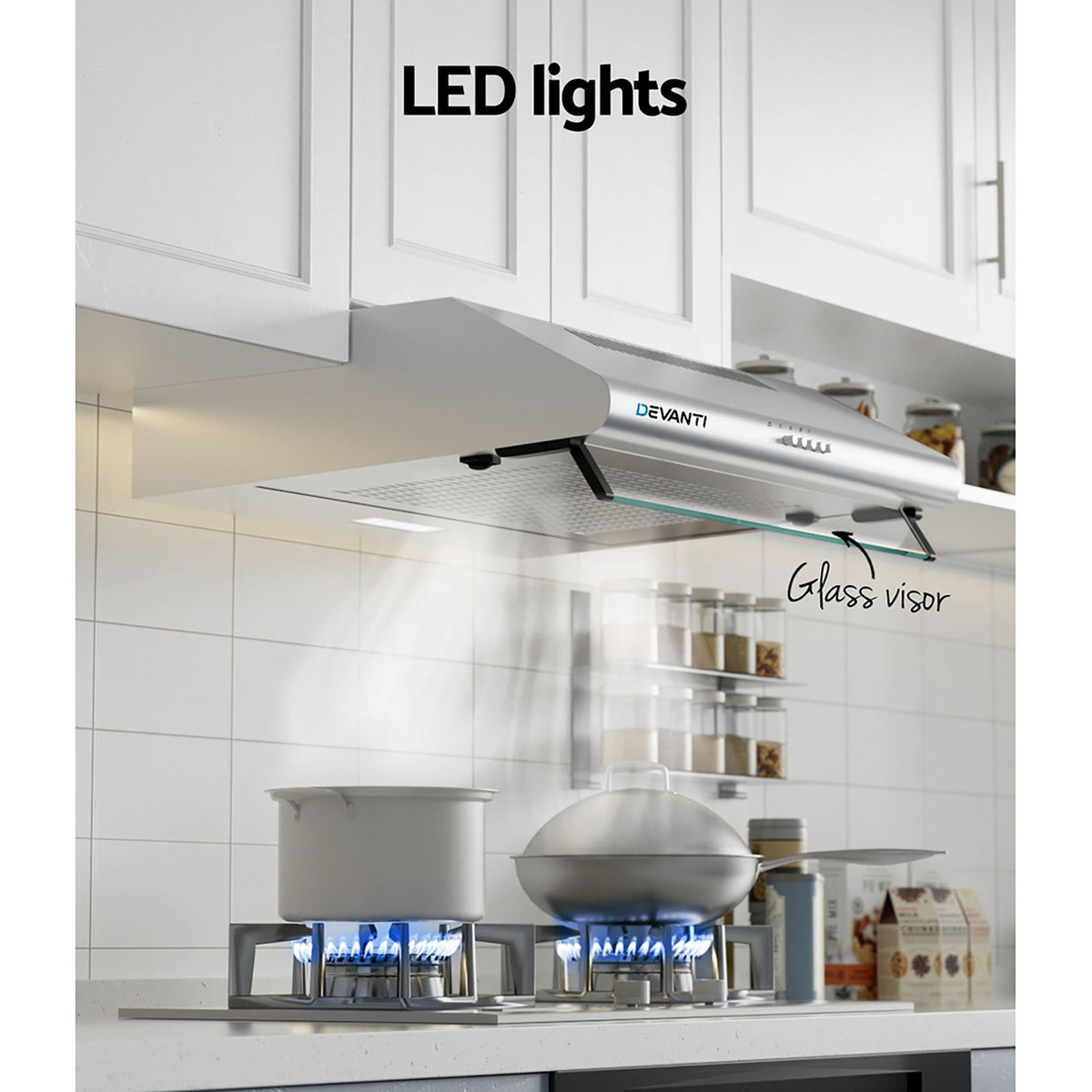 Devanti 600mm Range Hood | 60cm | Rangehood Kitchen Canopy | LED Light | Stainless Steel
