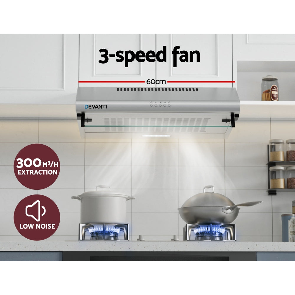 Devanti 600mm Range Hood | 60cm | Rangehood Kitchen Canopy | LED Light | Stainless Steel