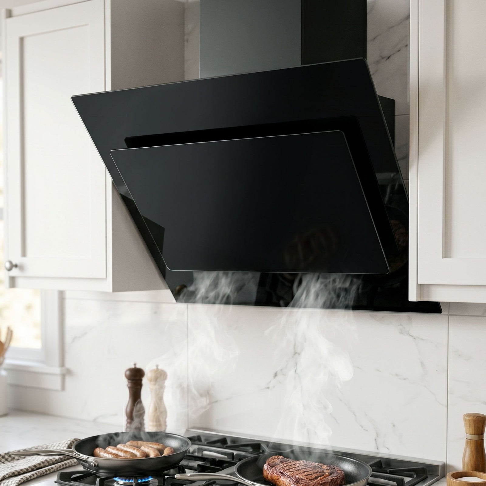 DEVANTI Rangehood 900mm Black Angled Side Draft Range Hood Canopy Glass 90cm