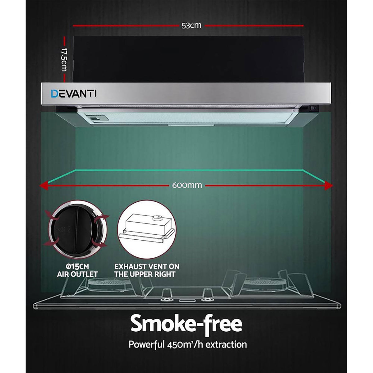 Devanti Rangehood Range Hood Stainless Steel Slide Out Kitchen Canopy 60cm 600mm Black