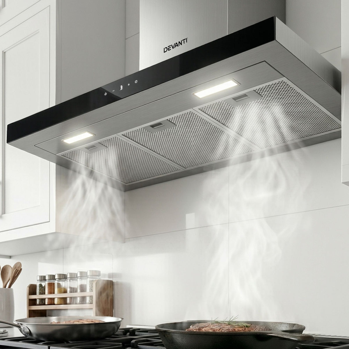 Devanti Range Hood 900mm Rangehood 90cm Stainless Steel Glass Kitchen Canopy Black