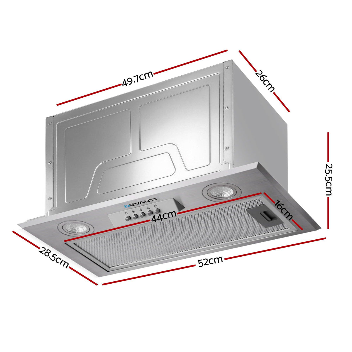 Devanti Range Hood Rangehood Undermount Built In Stainless Steel Canopy 52cm 520mm
