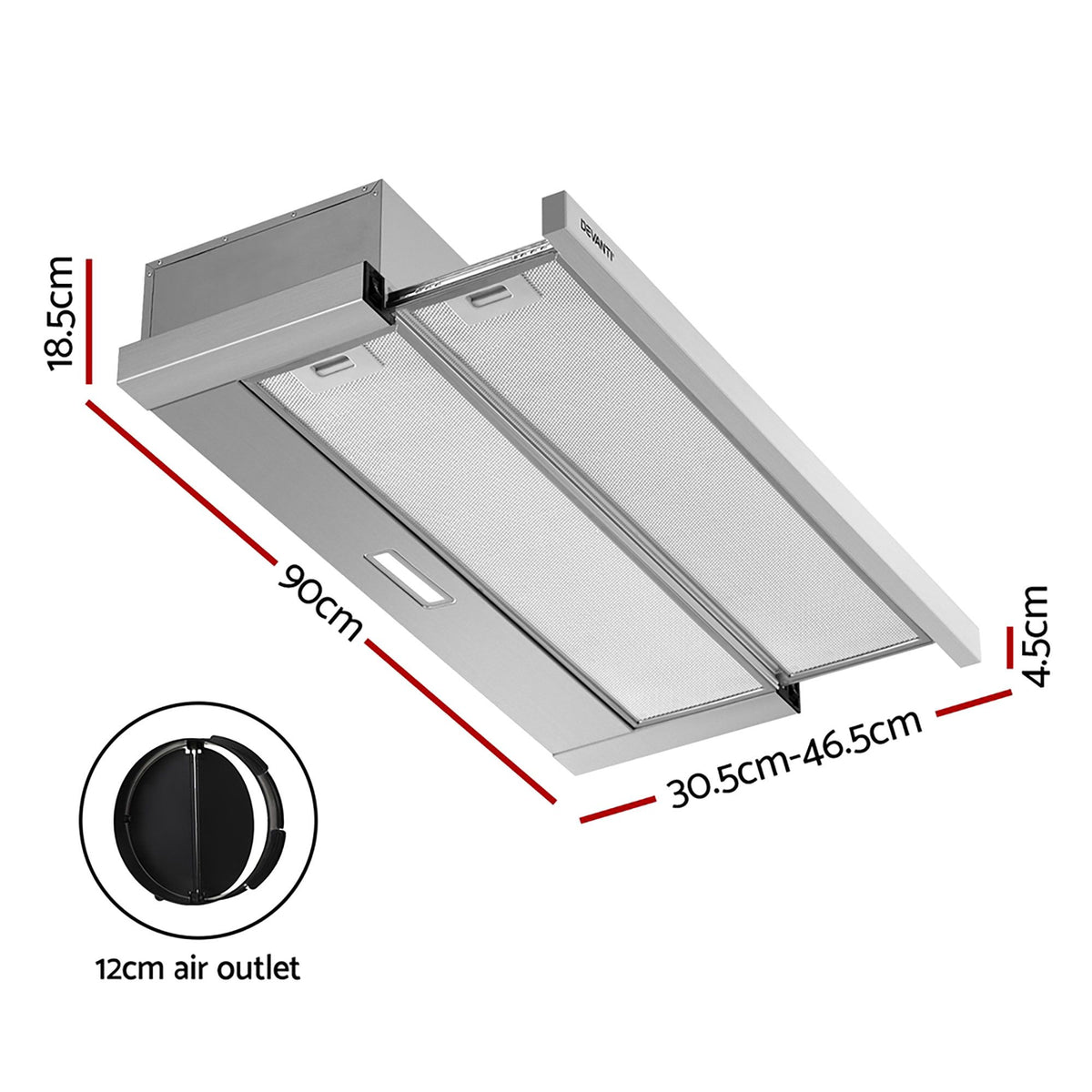 Devanti 900mm Range Hood | 90cm | Slide out Rangehood | Stainless Steel