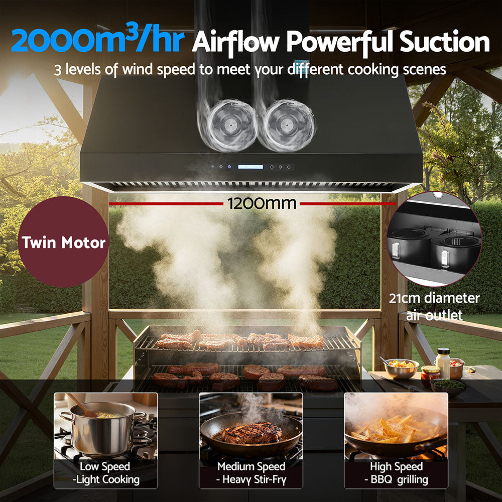Commercial BBQ Rangehood | 1200mm | Dual Motor | Remote Control | Black