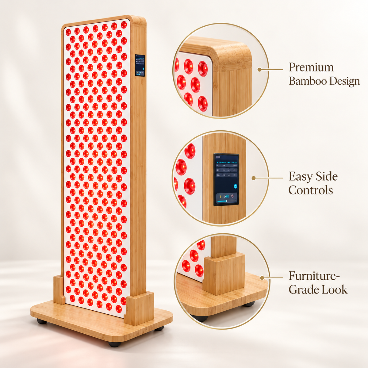Red Light Therapy Panel | 300×5W LEDs | 8 Wavelengths | Premium Bamboo Design