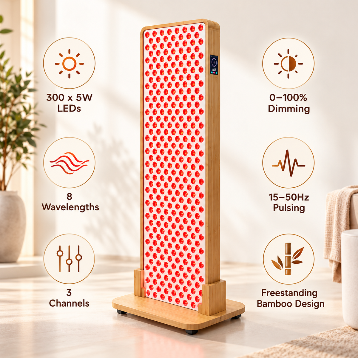 Red Light Therapy Panel | 300×5W LEDs | 8 Wavelengths | Premium Bamboo Design