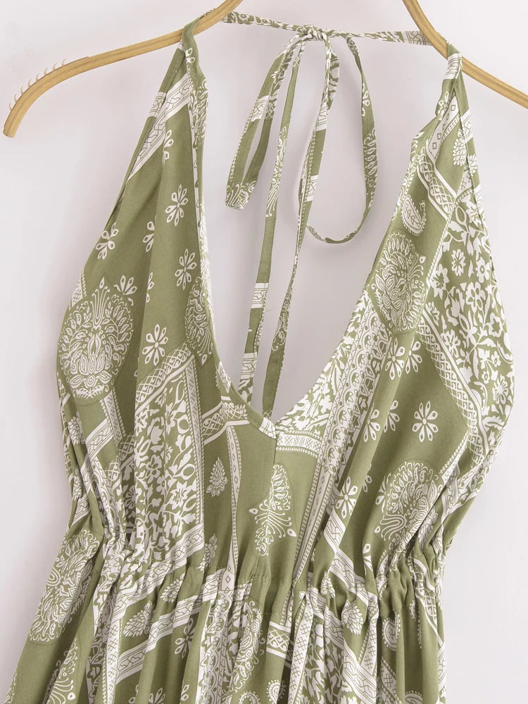 Bohemian Backless High-Low Maxi Dress | Floral Strapless Rayon Summer Holiday Dress with Tassels | Black, Sage, Orange, Aqua | S–L