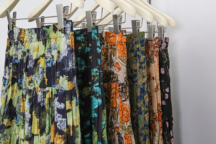 Bohemian Hippie Floral Maxi Skirt | Pleated A-Line Layered Elastic Waist | 4 Colour Options | One Size