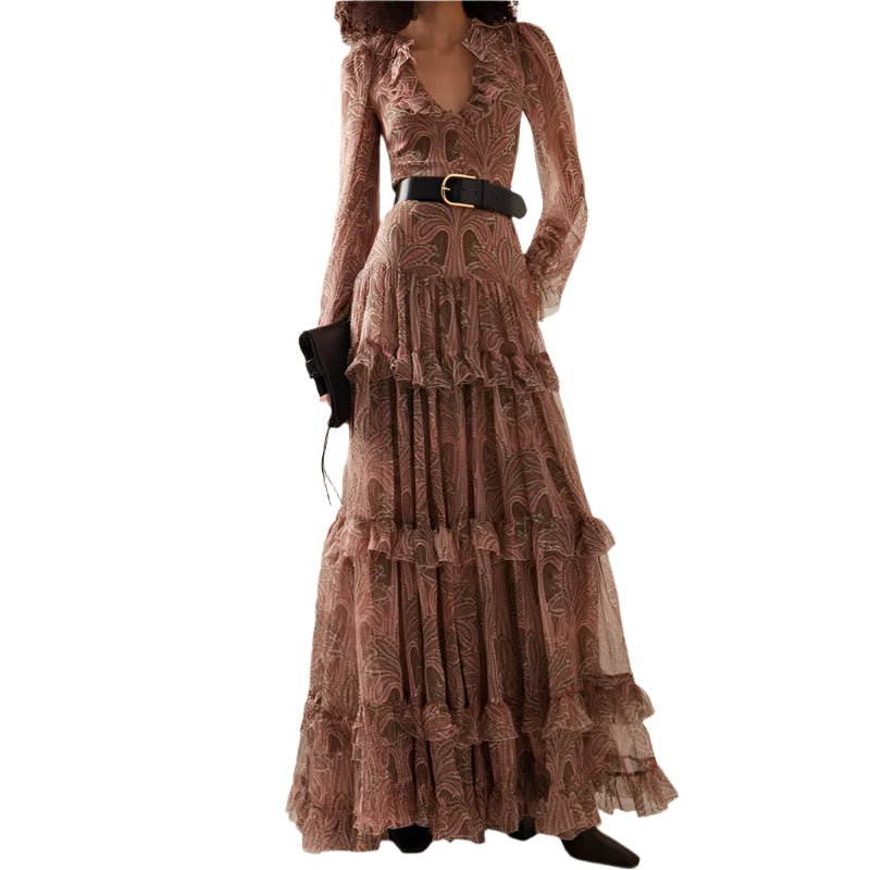 Bohemian Printed V - Neck Mesh Maxi Dress | Women's Ruffle High Waist Long Sleeve Dress | Elegant Floor - Length A - Line S–3XLdress