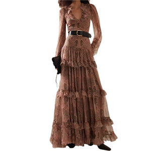 Bohemian Printed V - Neck Mesh Maxi Dress | Women's Ruffle High Waist Long Sleeve Dress | Elegant Floor - Length A - Line S–3XLdress