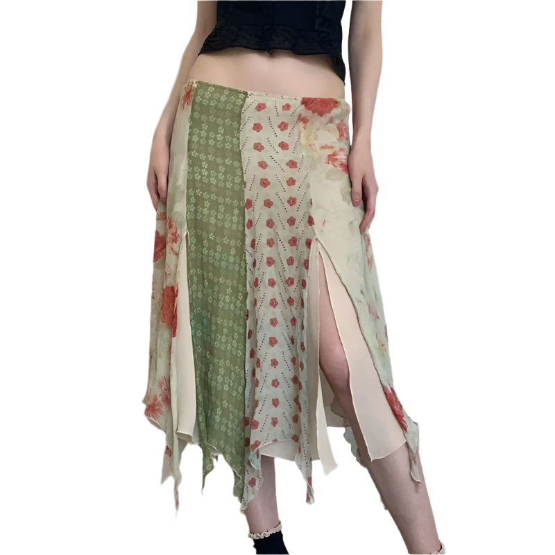 Bohemian Hippie Midi Skirt | Floral Chiffon Irregular Hem | A-Line Low Waist Vacation Skirt | S–M