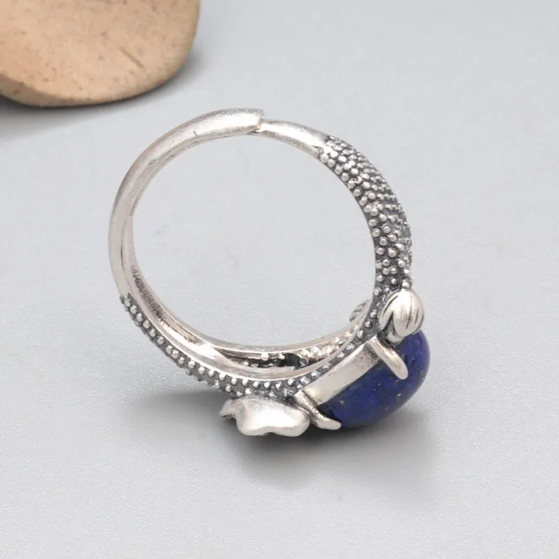 Silver Lotus Ring With Lapis Lazuli Stone | 925 Silver