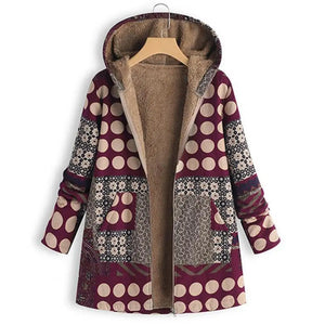 Women's Vintage Hooded Hippie Winter Coat | Unique Printed Zip-Up Jacket | Warm Loose Fit | M–3XL | Black, Blue, Green, Red