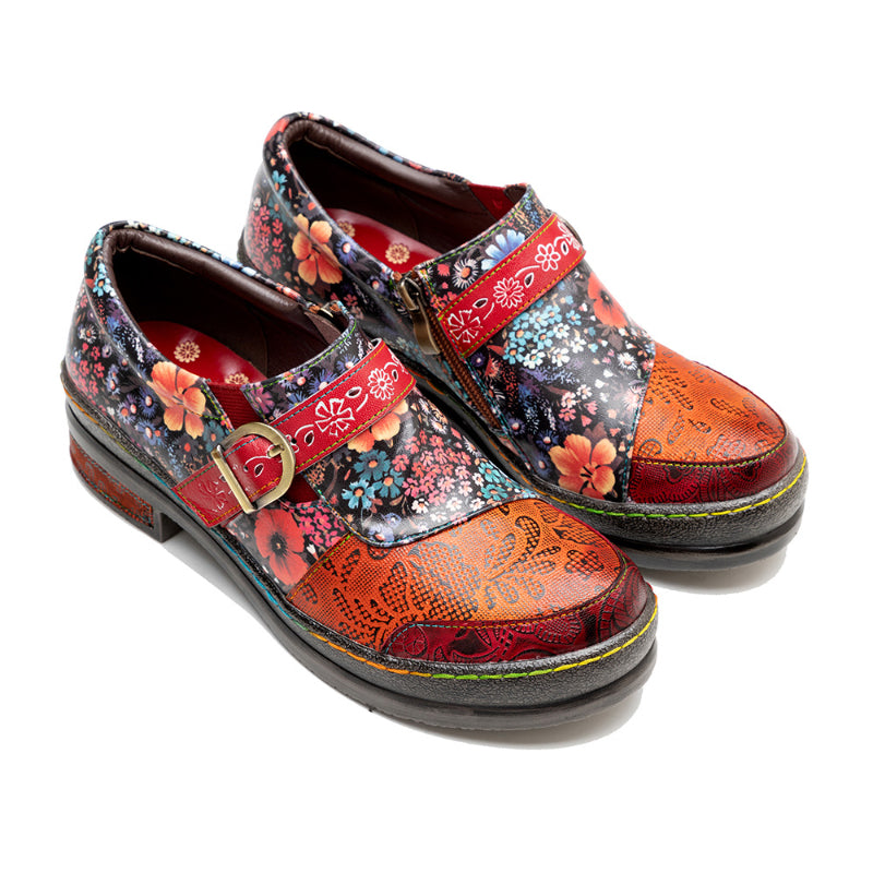 Women's Sheepskin Leather Flats | Ethnic Hippie Flower Design | 3cm Platform | Luxury Zip Shoes | Sizes 31-50