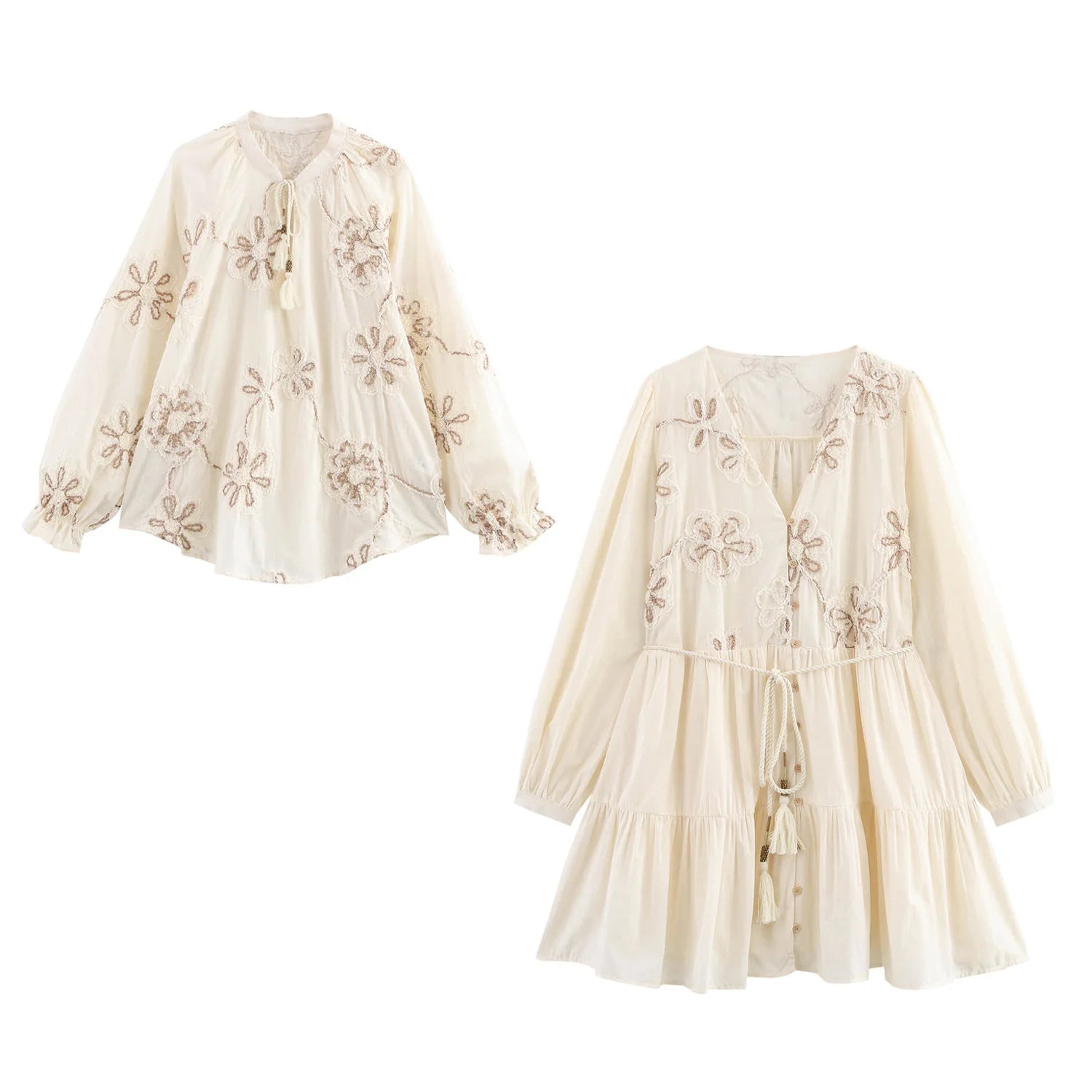 Women's Bohemian Embroidered Mini Dress | Vintage V - Neck Button Down A - Line Dress | Floral Lantern Sleeve | XS–L