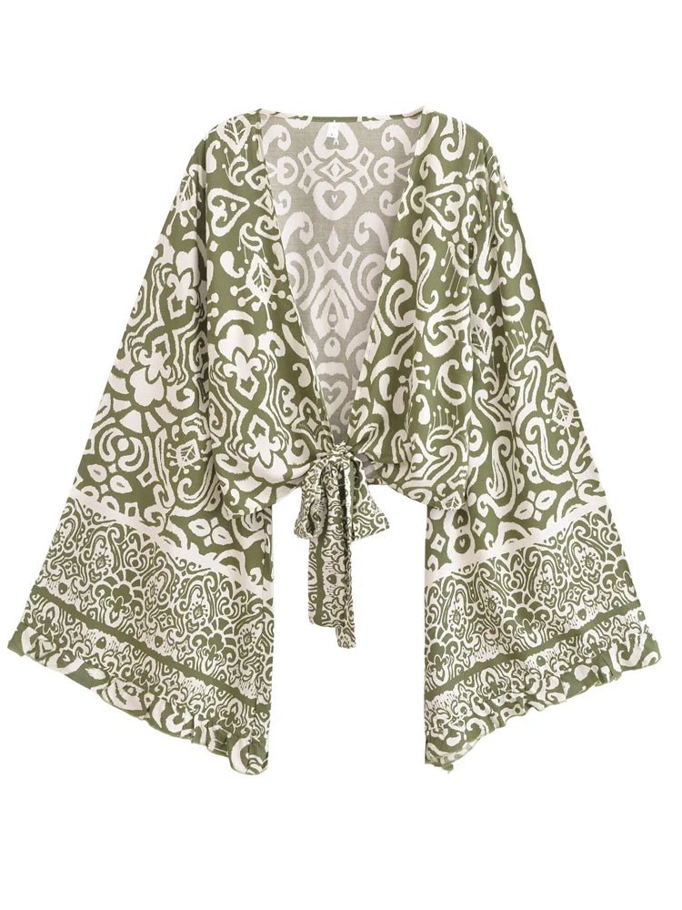 Bohemian Floral Kimono Cover-Up | Short Rayon Ruffle Sleeve Beach Wrap | Red & Aqua Green Prints | S–L