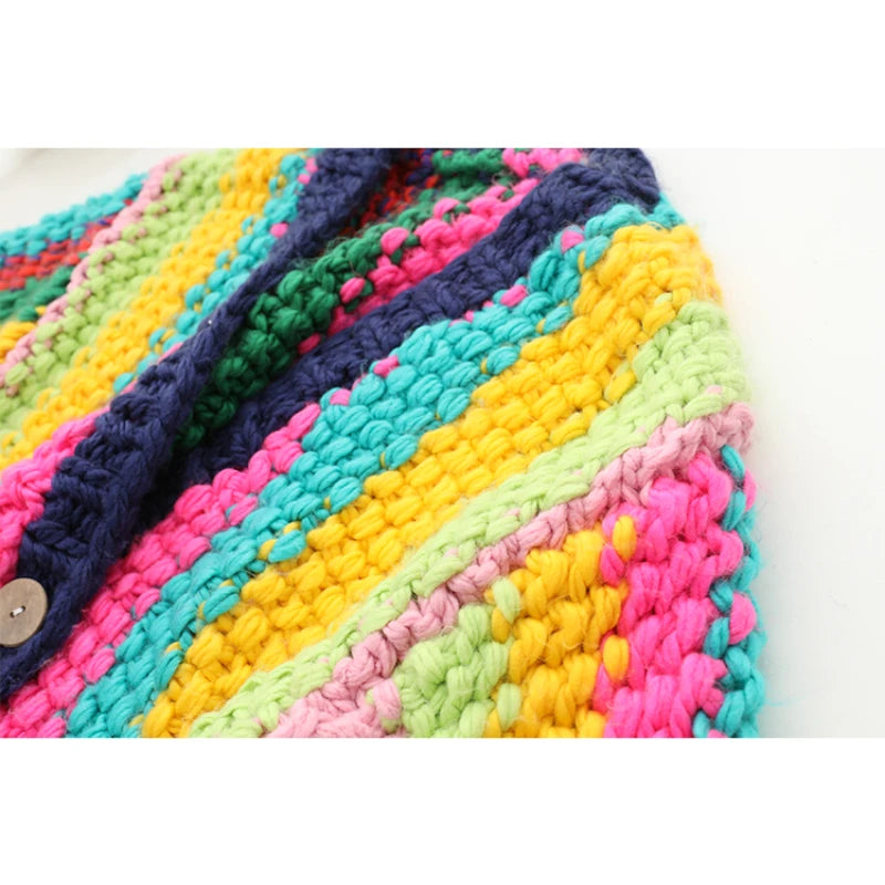 Chunky Handmade Rainbow Cardigan | Loose Knit Multicolour Acrylic Sweater | Hippie Autumn/Winter One Size