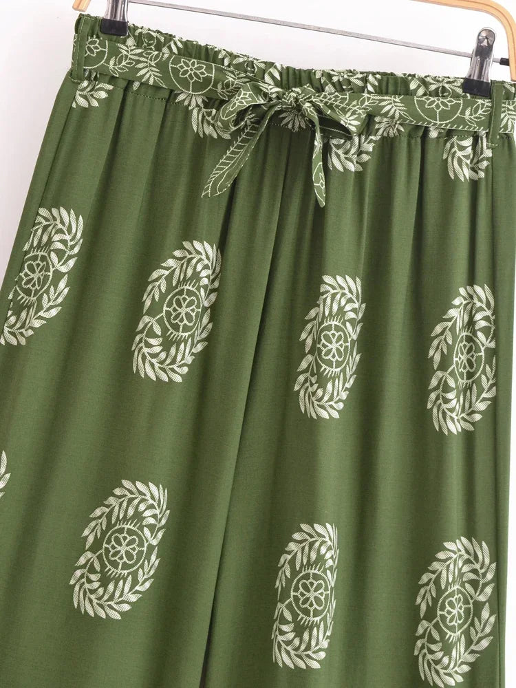 Bohemian Green Floral Wide-Leg Pants | Rayon Loose Fit High Hip Elastic Waist Trousers | S–L