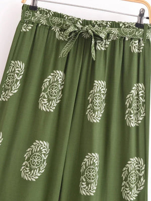 Bohemian Green Floral Wide-Leg Pants | Rayon Loose Fit High Hip Elastic Waist Trousers | S–L