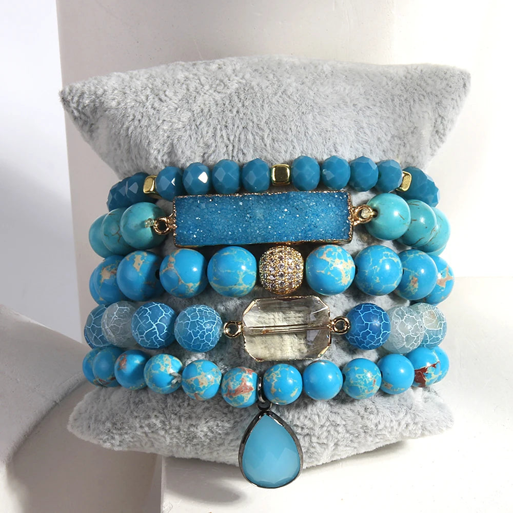 Wide Hippie Bracelet With Druzy Drop Charm | Handmade In Ocean Blue