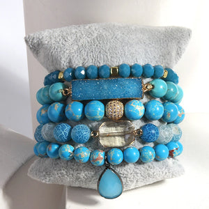 Wide Hippie Bracelet With Druzy Drop Charm | Handmade In Ocean Blue