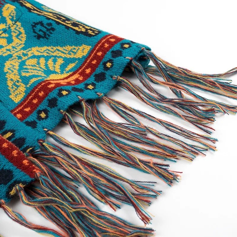 Bohemian Tassel Knit Kimono Cardigan | Indie Folk Hippie Style | Open Front Mid - Length Shawl