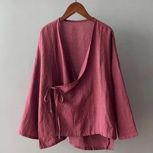 Women's Bohemian Cotton Linen Lace - Up Shirt | Hippie Long Sleeve Casual Blouse | Solid Colour V - Neck Top S–3XL