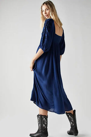 Bohemian Hippie Embroidered Midi Dress | Backless Cotton Blend Lantern Sleeve | Vintage Style | S–L | Blue, White, Purple