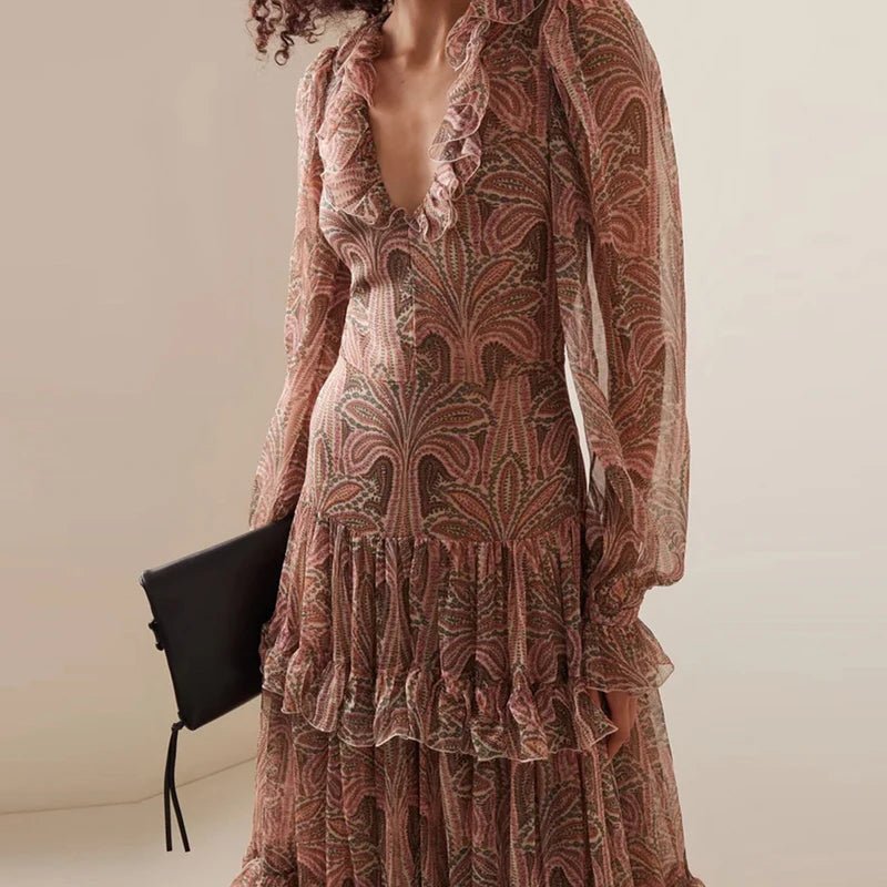 Bohemian Printed V - Neck Mesh Maxi Dress | Women's Ruffle High Waist Long Sleeve Dress | Elegant Floor - Length A - Line S–3XLdress