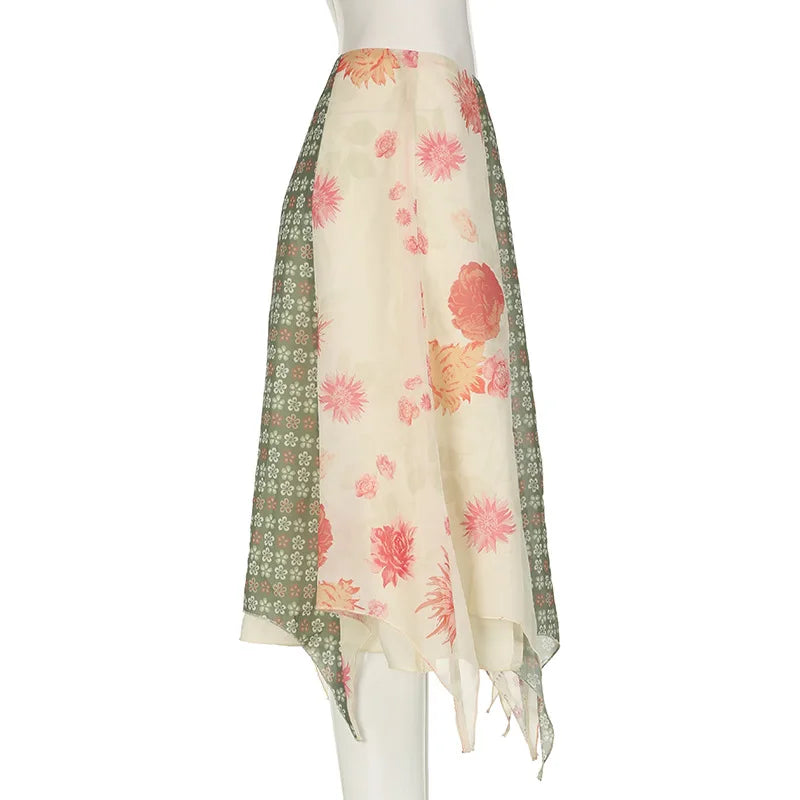 Bohemian Hippie Midi Skirt | Floral Chiffon Irregular Hem | A-Line Low Waist Vacation Skirt | S–M