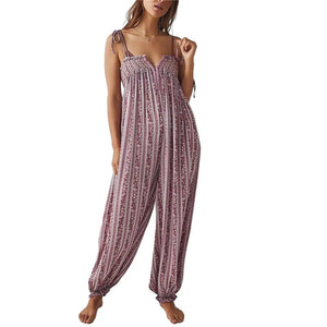 Hippie Bohemian Women's Summer Floral Cami Jumpsuit | Retro Tie - Up Spaghetti Strap Romper | Loose Fit | Fuchsia, Blue, Purple, Brown | S - L