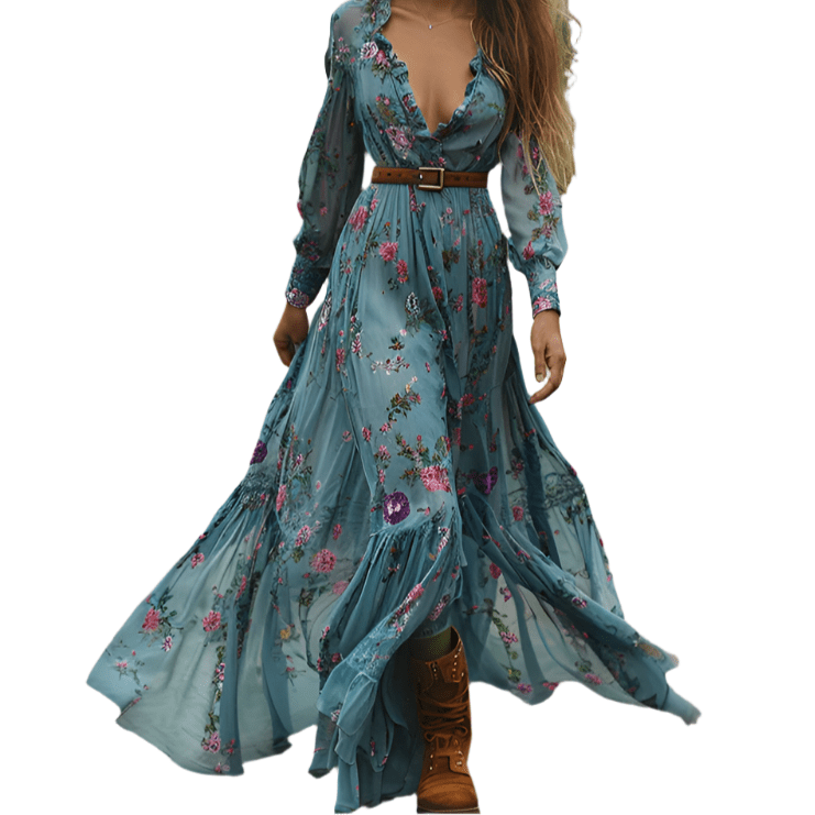 Bohemian Vintage Print Maxi Dress | Women's Long Sleeve V - Neck High Waist Pleated Dress | Autumn Loose Fit A - Line S–3XL